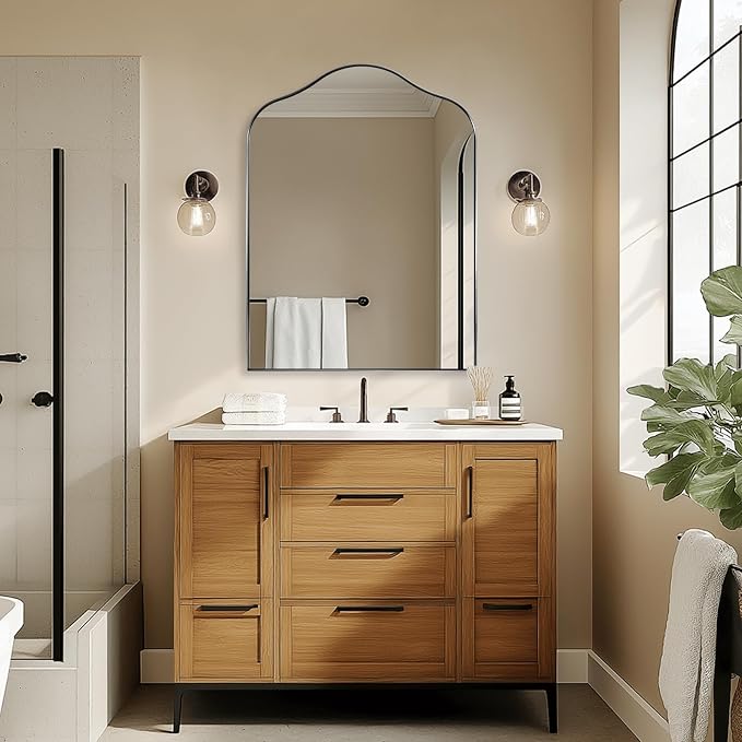 ANDY STAR Scalloped Arched Mirror, 30x40 Brushed Nickel Irregular Bathroom Mirror for Vanity, Asymmetrical Curved Top with Rustproof Stainless Steel Frame, for Entryway, Bedroom, Mantel, Fireplace
