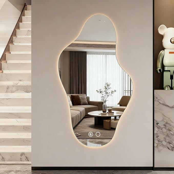 55″x31.5″ Modern Irregular LED Bathroom Mirror with Lights, Asymmetrical Frameless Smart Lighted Wall Mirror for Living Room Entryway, Large Decorative Makeup Vanity Mirror with Touch Switch