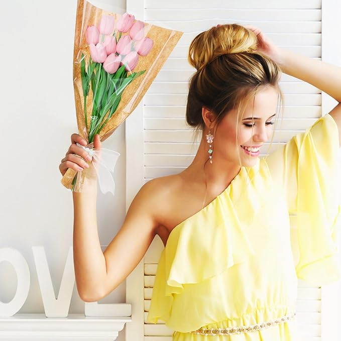 GALPADA Kraft Paper Floral Bag Floral Wrapping Paper Ribbons Sturdy Bouquet Wrapping Bags for Easy Flower Packaging