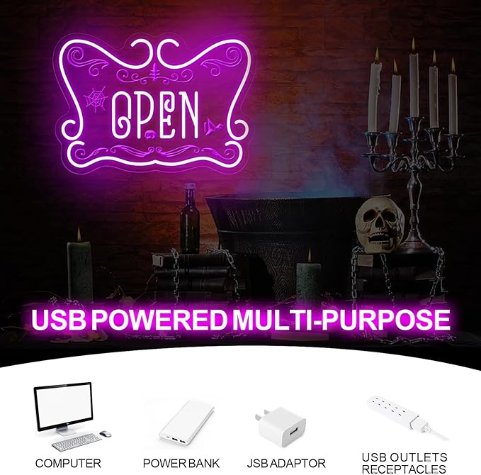Gothic Open Neon Sign LED Wall Light for Witchy Shop Spooky Café Halloween Decor Crystal Store Tattoo Studio and Mystic Boutique Room Game Kids Room Man Cave Party Decor Party Supply Ba