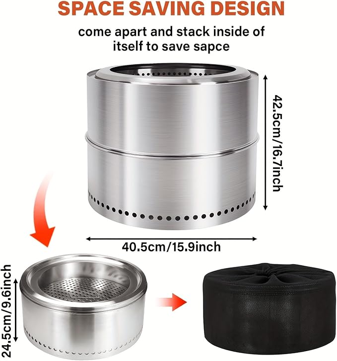 HGD 16 inch Smokeless Firepit, Stainless Steel Fire Pits, Smokeless Fire Pit for Outside with Carry Bag for Camping Backyard Patio Garden Picnic