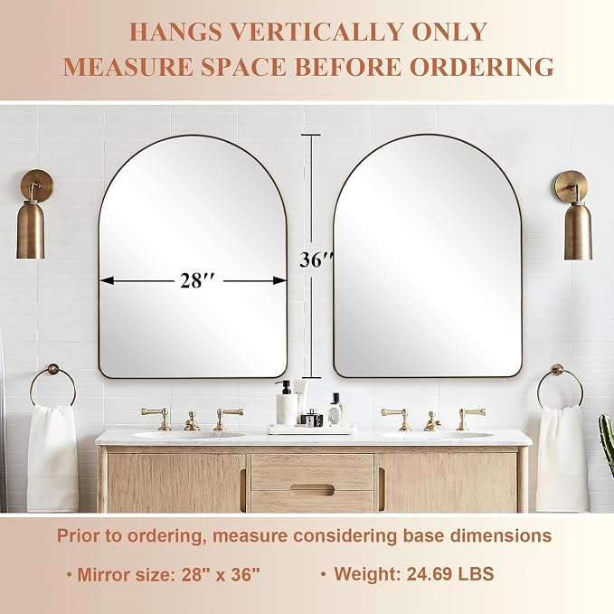 ANDY STAR Arched Mirror, 28 x 36 Inch Brushed Gold Wall Mirror in Stainless Steel Metal Frame, Arch Top Rounded Corner 1 Inch Deep Set Design Wall Mount Hangs Vertical