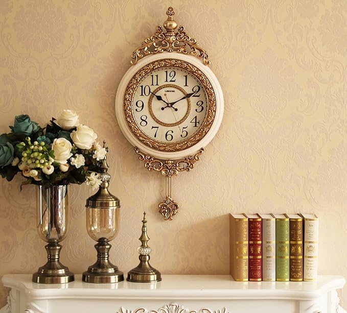 SHISEDECO Elegant, Traditional, Decorative, Hand Painted Modern Grandfather Wall Clock Fancy Ethnic Luxury Handmade Decoration, Swinging Pendulum for New Room or Office. Large. 29.5 Inch. (Yellow)