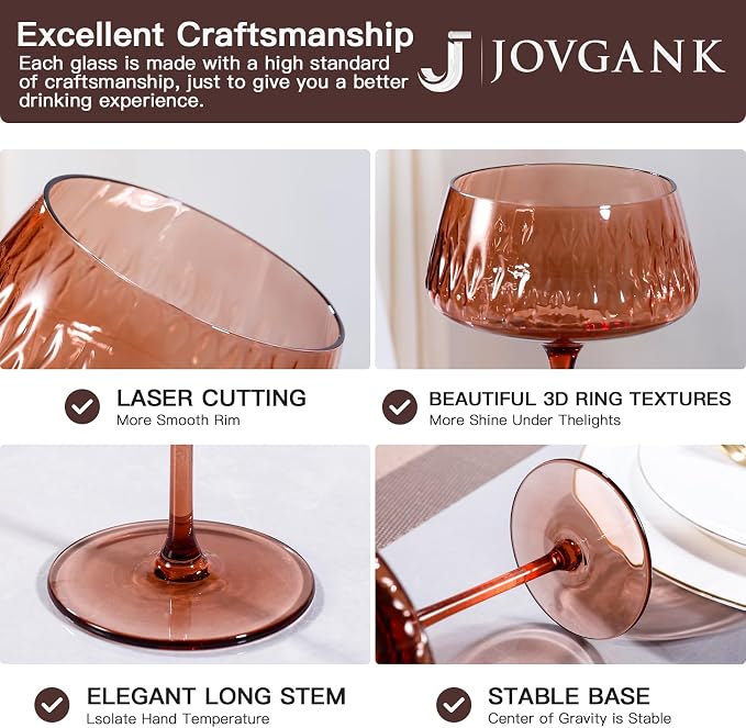 JOVGANK Amber Martini Glasses Set of 6, Hand Blown Colorful Glass 14Oz, Vintage Champagne Coupe Glasses, Large Brown Glass, Crystal Retro Style Bar Glasses, Housewarming and Mother's Day Gift