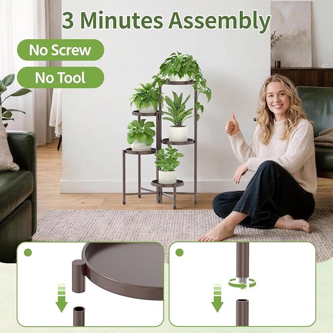 LASZOLA 5 Tier Large Plant Stand Indoor Tall with 10 Inch Metal Tray, Corner Folding Flower Display Rack, Modern Plant Holder Shelf for Outdoor Patio Porch Garden Office Living Room, Bronze