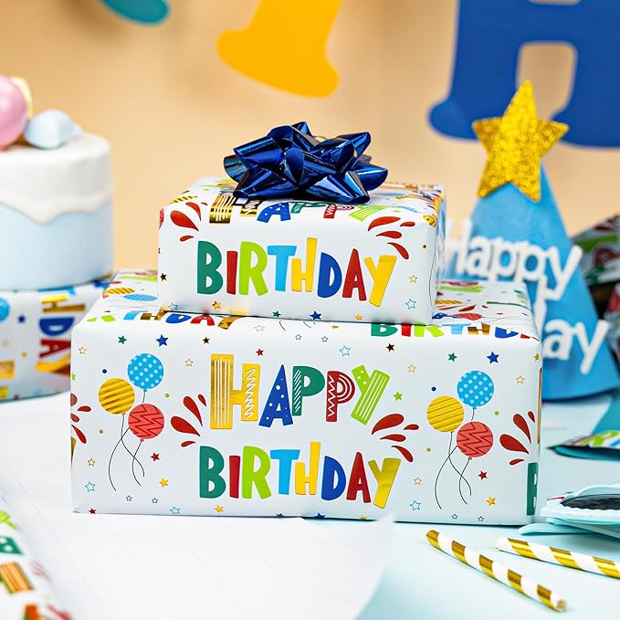 Burymento Birthday Wrapping Paper Roll for Boys Girls Kids Men Women - Colorful Gold Foil Balloon and Stars - Gift Wrap Paper for Birthday Party, 17 In x 32.8 Ft