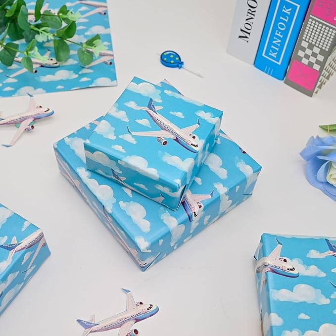 Altarho Airplane Wrapping Paper Blue Design Gift Wrapping Paper with Plane Cloud Pattern for Baby Shower Boy Girl Birthday Wedding Holiday - 19 X 27 Inches Per Sheet