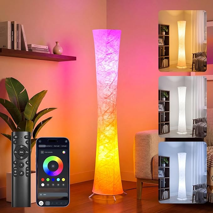 61'' Round Floor Lamp, RGB LED Corner Floor Lamp with Music Sync, 16W+ Colors & 3 Color Temperatures, APP & Remote Control, Modern Standing Lamp for Living Room Bedroom