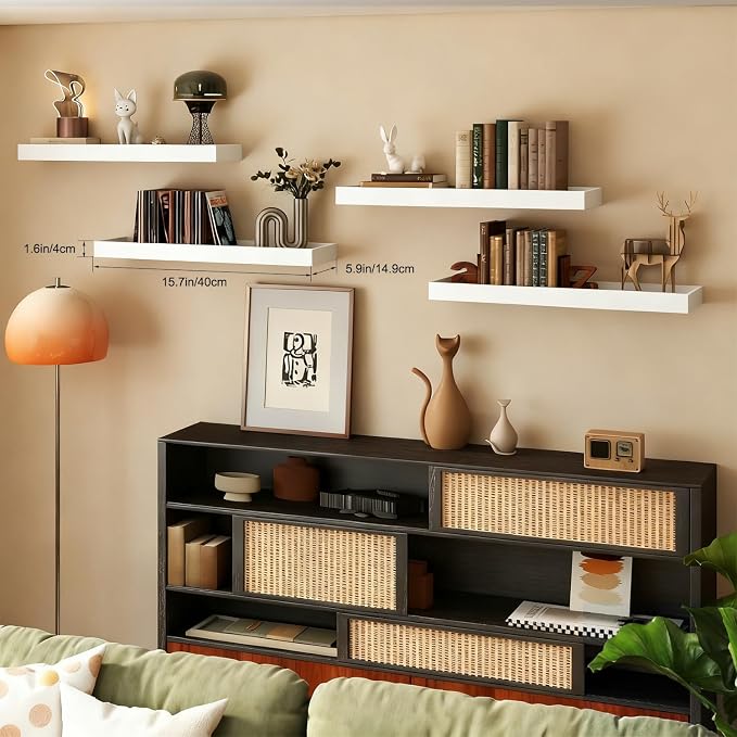 2 Pack 15.7 in White Floating Shelves for Wall, Wooden Wall Shelves for Bedroom Living Room Kitchen, Modern and Rustic Bathroom Shelves with Raised Lip, Decor Floating Shelf for Storage Display