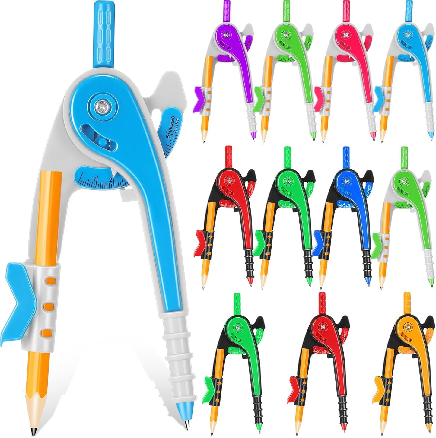 Zonon Geometry Compass Set - 6 Inch Plastic Drawing Tool with Pencils | Bright Colors for School (12 Pcs)