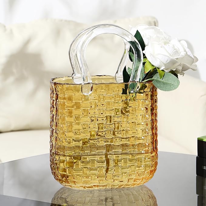 Glass Purse Vasefor Flowers, Purse Flower Vase, Amber Glass Bag Vases, 10 Inch Handbag Shaped Vases for Home, Living Room, Bedroom, Office Decor