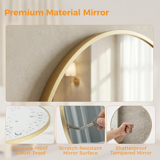 30 Inch Gold Round Bathroom Wall Mirror, Round Mirrors for Wall Decor, Circle Mirror for with HD Shatter-Proof Glass for Entryway, Living Room, Bedroom, Dressing Room, Home Decor