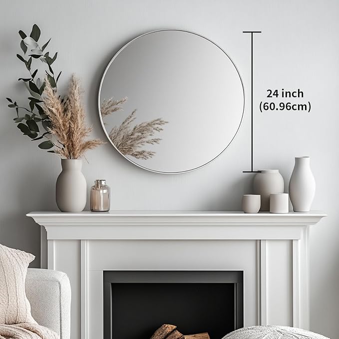 Oruii Silver Round Mirror, Round Mirror 24 inch Brushed Nickel, Circle Wall Mirrors Metal Frame, Silver Circular Mirrors for Bathroom, Wall, Living Room, Entryway, Hallway, Vanity, Rustic