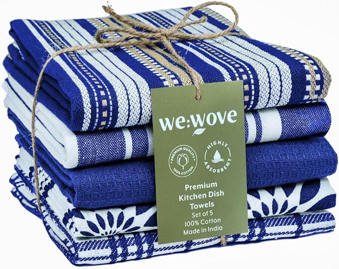 WeWove Assorted Kitchen Towels Set of 5-100% Cotton Dish Cloths Towels with Hanging Loop - Soft Absorbent Washable Reusable for Kitchen Use - Quick Drying 16x26 inch Dish Towels Blue