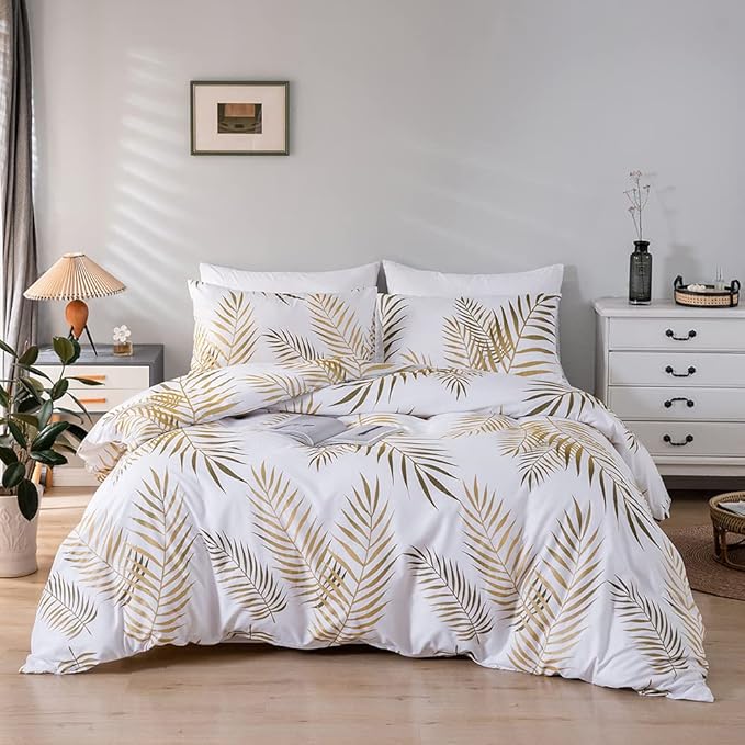 Nayoroom Gold Leaf Duvet Cover King Size Tropical Botanical Leaves Printed on White Bedding Set Soft Lightweight Microfiber Garden Farmhouse Comforter Covers with Zipper Closure Corner Ties