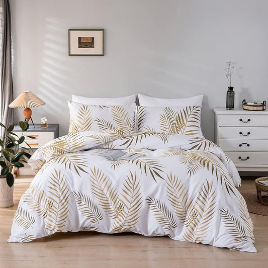 Nayoroom Gold Leaf Duvet Cover King Size Tropical Botanical Leaves Printed on White Bedding Set Soft Lightweight Microfiber Garden Farmhouse Comforter Covers with Zipper Closure Corner Ties