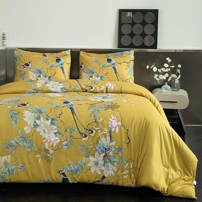 King Comforter Set Flowers 3 Pieces Soft 3D Bedding Comforter Tree Branches Flowers Birds Print Botanical Comforter Set for All Seasons 1 Comforter and 2 Pillowcases (Birds, King)