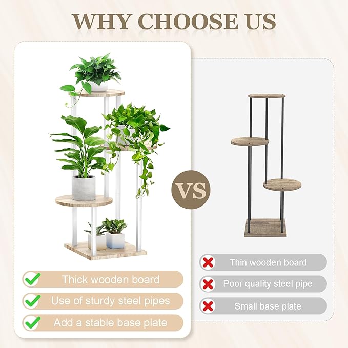 4 Tier White Metal Wooden Tall Plant Stand Indoor Shelf Flower Pot Holder for Multiple Plants, Corner Display Rack for Living Room Balcony Patio Garden