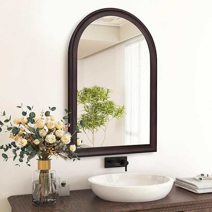Tanmicoshomy Dark Brown Framed Arched Bathroom Mirror 20x30 Inch, Wall Mirrors with Tempered Glass for Living Room, Bedroom or Entryway