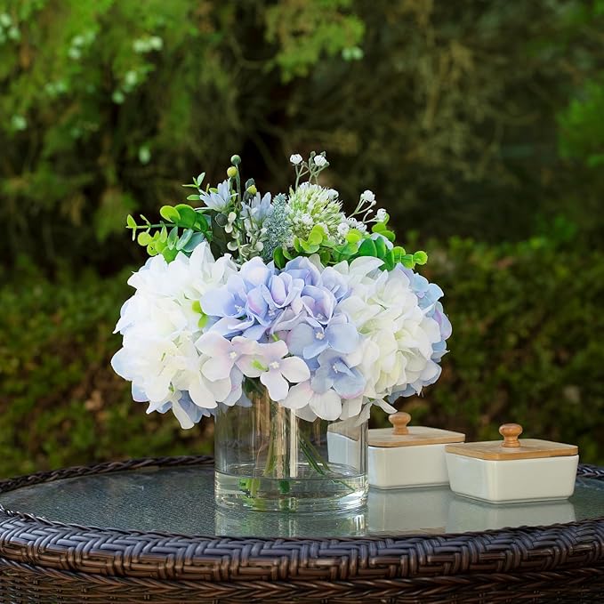 ENOVA FLORAL Artificial Hydrangea Flowers in Vase, Mixed White and Blue Silk Hydrangea in Vase with Faux Water for Dining Table Centerpieces, Home Decor Indoor (FL-159-BlueCream)