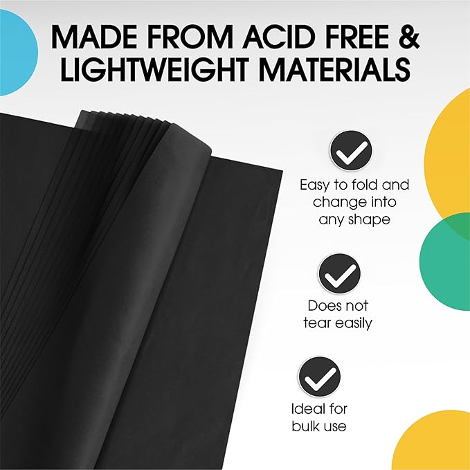 Party Solids Black Tissue Paper for Gift Bags - 20" X 30" Bulk Tissue Paper Black 480 Sheets - 10lb Newsprint for Packing, Birthday Gift Box Filler, Packing Supplies for Moving Supplies