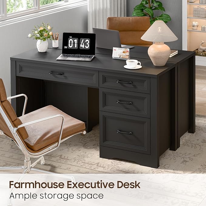Vabches Farmhouse Executive Desk with Storage and Ample File Drawer, Rustic Large Home Writing Desk for Bedroom, Pure Black
