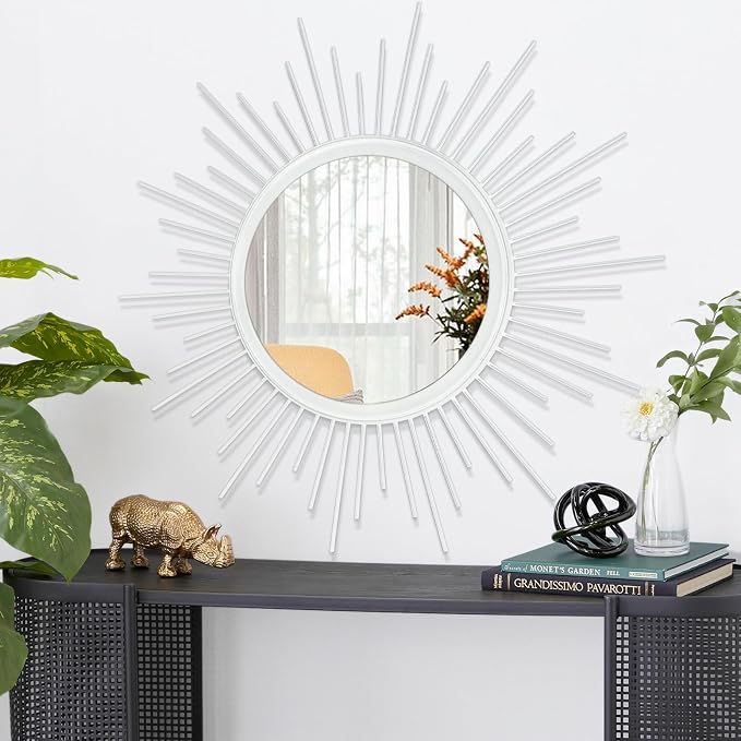 Mirrors for Wall Sunburst Decor Art Mirror Bohemian Home Round Modern Metal Mirror for Bedroom Living Room Hallway Bathroom Balcony Farmhouse White 24" x 24"