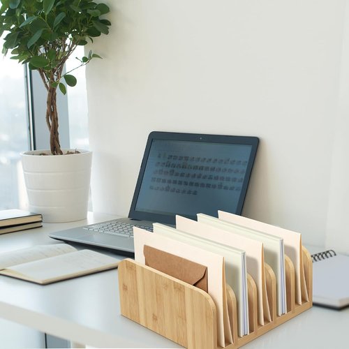 Lineshading Bamboo Desk Mail Organizer - 5 Compartment File Holder with Anti-Slip Mat for Home Office