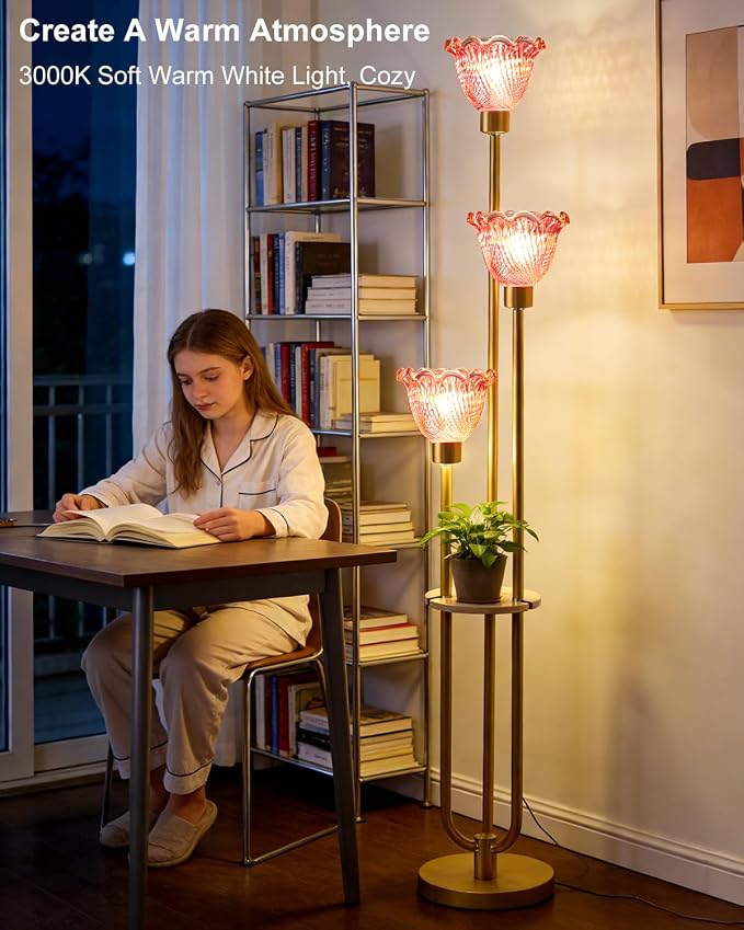 Lightdot Glass Floor Lamp for Living Room Gold Floor Lamp with Rose Red Glass Shade & 3000K Bulbs Included Modern Tall Standing Lamp with 5Lbs Heavy Base for Bedroom/Sofa Beside/Corner Decor