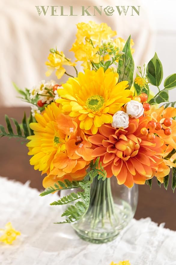 Fake Flowers in Vase with Fake Water, Realistic Faux Silk Dahlia & Gerbera Daisy Artificial Flower Arrangements for Fall Winter Home Wedding Thanksgiving Birthday Party Decor & Gift (Yellow & Orange)