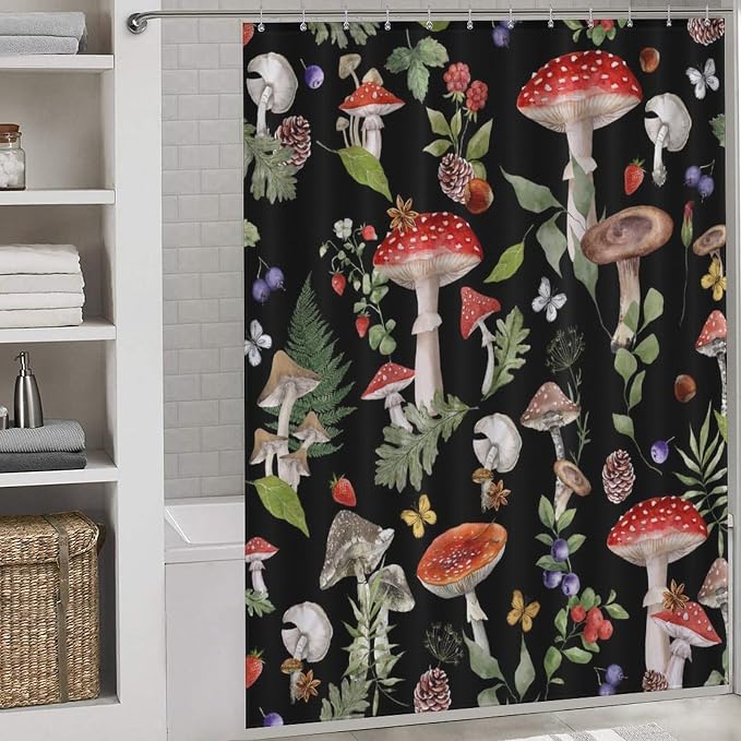 Mushroom Shower Curtain, Farmhouse Country Botanical Mushroom Plants Herbs Rustic Vintage Cottagecore Nature Black Waterproof Fabric Bathroom Shower Curtain Set with Hooks, 72"x78" Inch