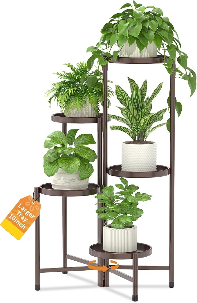 LASZOLA 5 Tier Large Plant Stand Indoor Tall with 10 Inch Metal Tray, Corner Folding Flower Display Rack, Modern Plant Holder Shelf for Outdoor Patio Porch Garden Office Living Room, Bronze
