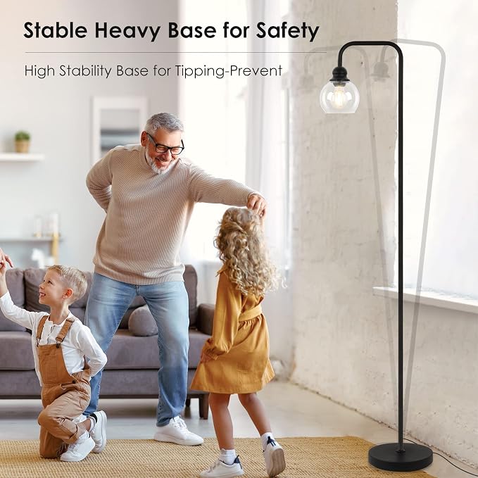 Modern Floor Lamps for Living Room with 6W LED Bulb, Industrial Floor Lamp, Clear Glass, Black Classic Reading Tall Lamp for Home Office, Standing Lamps for Bedroom, Study, Minimalist, Vintage
