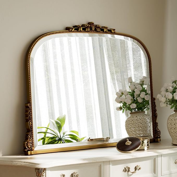 Wall Beaded Mirror, 36 x 27 Inch Round Top Right Angle Wall Mirror, Tempered Glass, Rust Resistant, Horizontally or Vertically Hanging, Gold