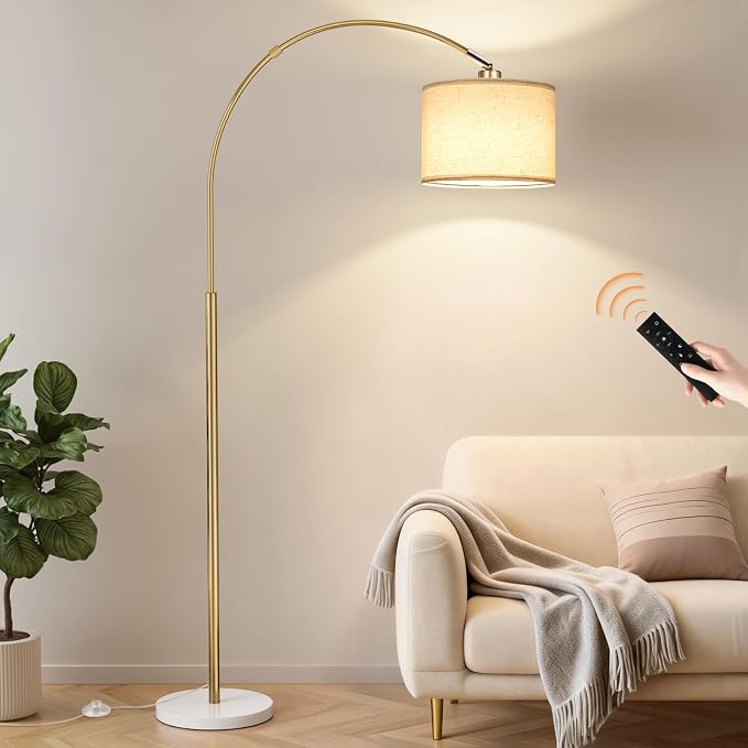 Ambimall Dimmable Arc Floor Lamp with Remote, Color Temperatures and Brightness Adjustable, Arched Floor Lamp with Rotating Head, Over Couch Arched Reading Light for Living Room (Marble Base)
