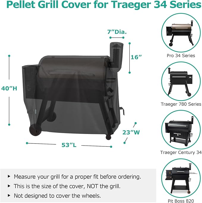 SunPatio Outdoor Waterproof Pellet Grill Cover Compatible with Traeger 34 Series Wood Pellet Grill and Smoker, Texas and More Full Length BBQ Barbecue Cover, All Weather Protection, Black