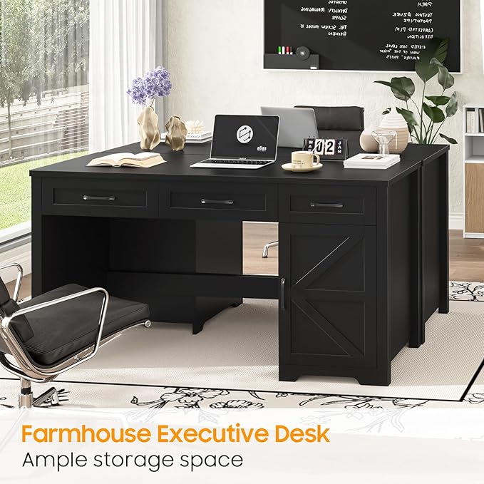 Farmhouse 59" Executive Desk,Computer Desk with 3 Drawers and Storage Cabinet,Workspace for Home Office and Study. Pure Black