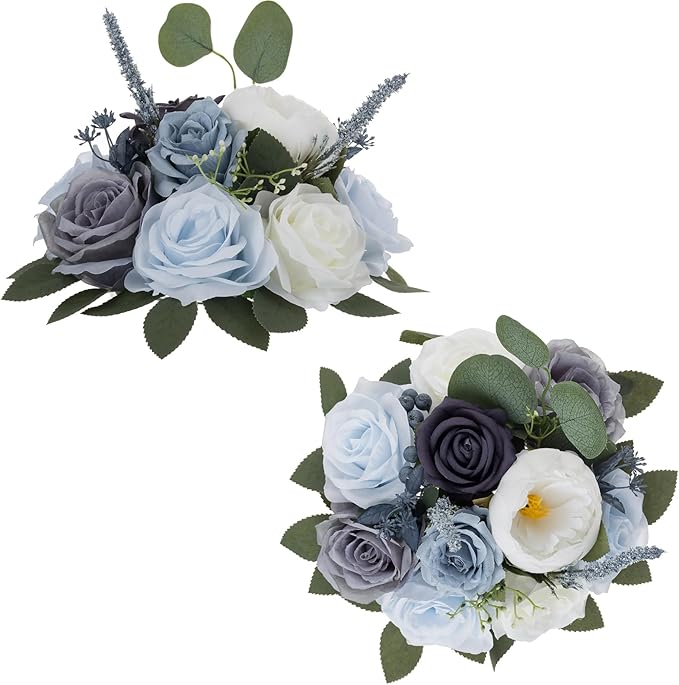 BLOSMON Artificial Flowers Ball Wedding Centerpieces 2 Pcs Dusty Blue Rose Artificial Flower Center Pieces Decoration for Table Silk Kissing Ball Floral Bouquet Arrangements Home Party DIY Decor