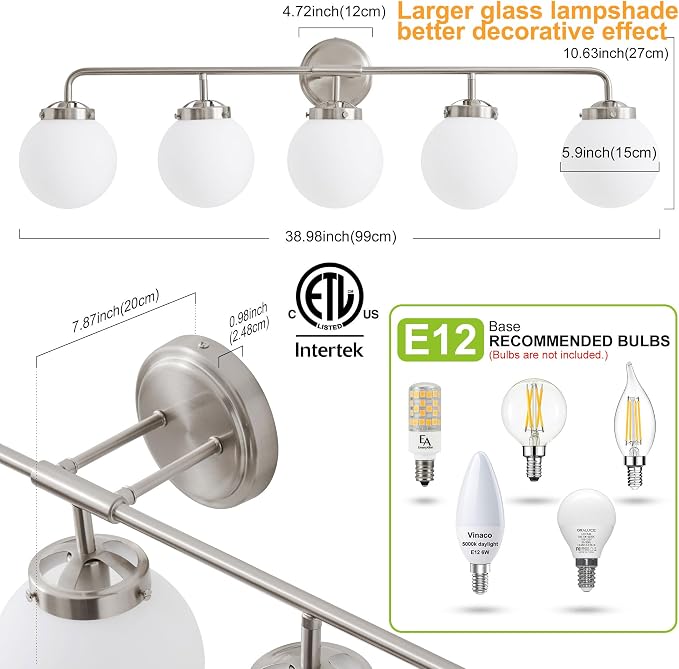 Bathroom Light Fixtures Over Mirror, Brushed Nickel Modern Vanity Lighting with Milk White Glass Globe Shades 5-Light Farmhouse Wall Sconce