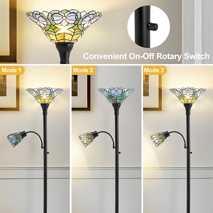 Luvkczc Tiffany Floor Lamp, Stained Glass Lamp Victorian Style with Adjustable Gooseneck Reading Lamp – 70" Tall Torchiere Floor Lamps for Living Room