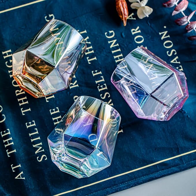 Stemless Wine Glasses Set of 4, 10 Oz Iridescent Glassware Modern Rainbow Wine Glass Colored Tumblers for Red Wine, Cocktail, Whiskey, Bourbon, Gift for Wine Lovers