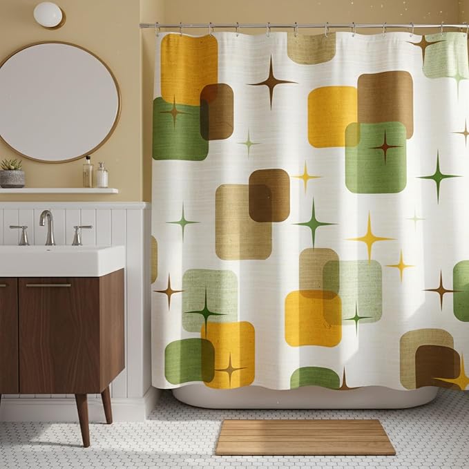 Mid-Century Modern Shower Curtain, Retro Geometric Atomic Starburst Design, Vintage 1950s Abstract Shapes Aesthetic Bathroom Decor, Waterproof Fabric, 72x72 Inch.