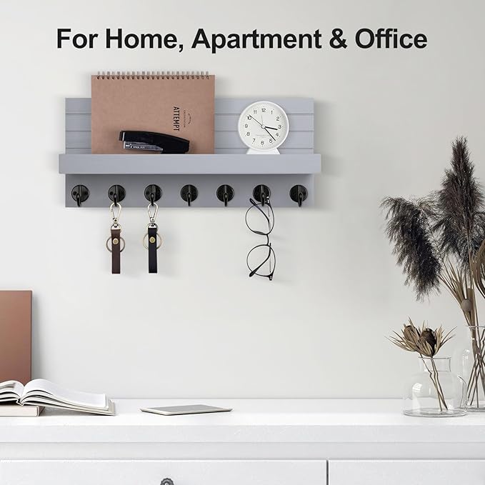Lwenki Key Holder Wall Mount, Entryway Key and Mail Holder with 7 Sturdy Hooks for Sunglasses, Dog Leash, Decorative Wall Shelf with Mounting Hardware, 15”W x 6.7”H x 4.2”D (Gray)