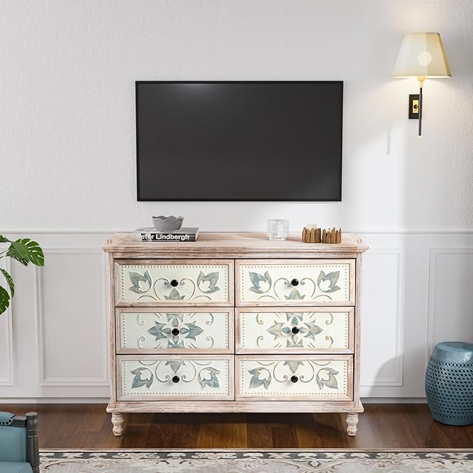 VINGLI White Dresser for Bedroom, 6 Drawer Dresser with Carved Flower Pattern, Wood Dressers Chest of Drawers with Solid Wood Legs