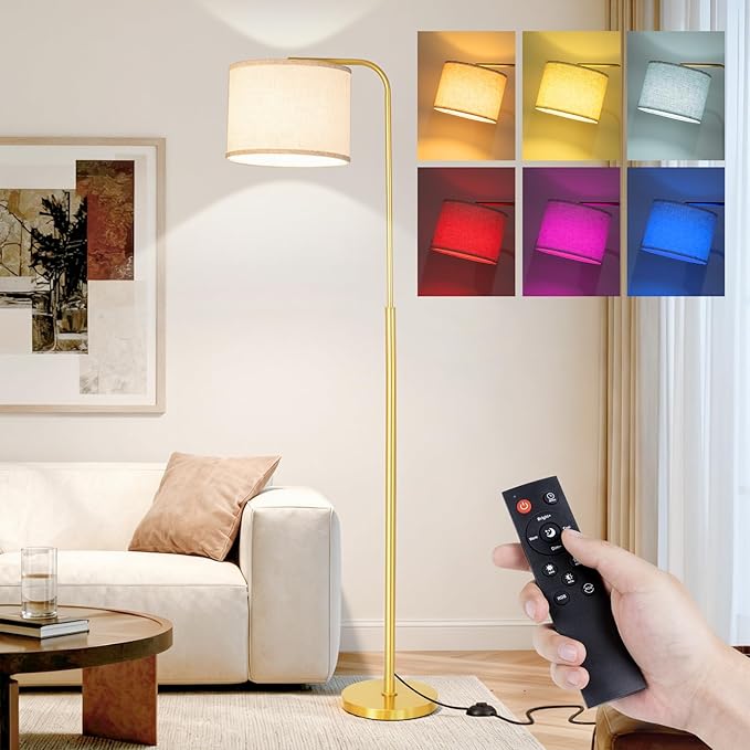Remote Floor Lamp for Living Room and Bedroom - Modern RGB Standing Lamps Tall with Led Blub and Dimmable Light - Black Arc Room Lights with Shade for Home Decor Office Corner and Reading ( Gold+RGB)