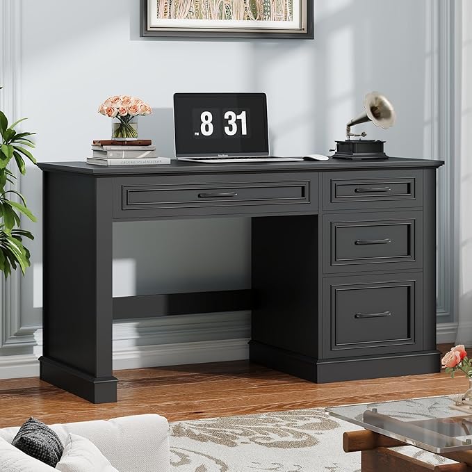 Farmhouse 47" Executive Desk, Computer Desk with Drawers and File Drawer, Workstation Computer Desk with Charging Station for Home Office, Study,(Pure Black)