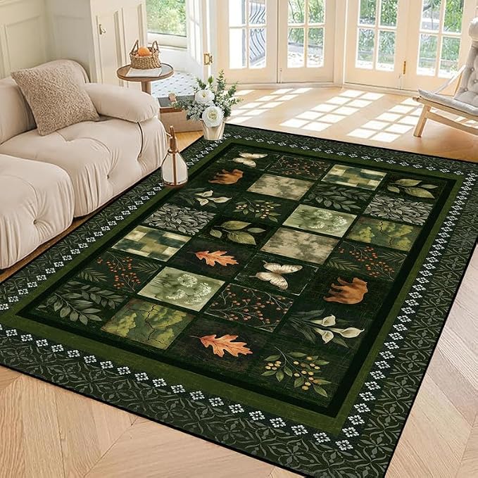 6'x9' Vintage Green Botanical Area Rug Non-Slip Washable Nature Patchwork Carpet Boho Floor Mat Rugs for Bedroom Living Room Nursery Kitchen Playroom Home Decor