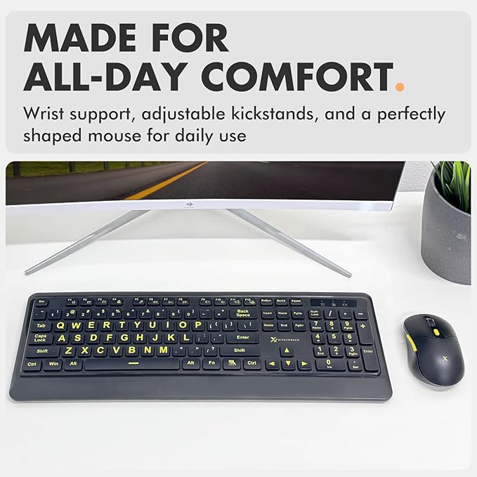 X9 Performance Large Print Wireless Keyboard and Mouse Combo - 4X Larger Oversize Yellow Letters for Seniors and Low Vision Users - 2.4Ghz Wireless Mouse and Keyboard Combo for PC