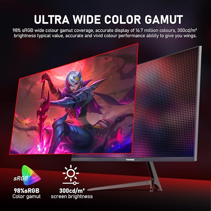 Gawfolk 27 inch 2K QHD(2560×1440) PC Screen, 165Hz Gaming Monitor, 1ms Without Bezel, FreeSync,98% sRGB, 178° Wide Viewing Angle,Display 1.4、Port HDMI2.0, Wall Mount Compatible 75 * 75MM- Black