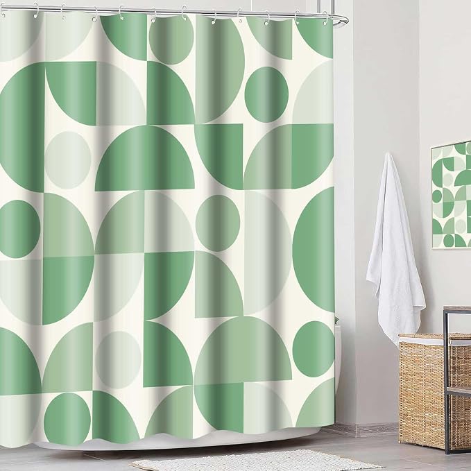 Vintage Green Mid Century Modern Shower Curtain Boho Abstract Geometric Art Shower Curtains for Bathroom Decor 72x72 Inch Colorful Unique Pattern Washable Fabric Bathroom Set with 12 Hooks